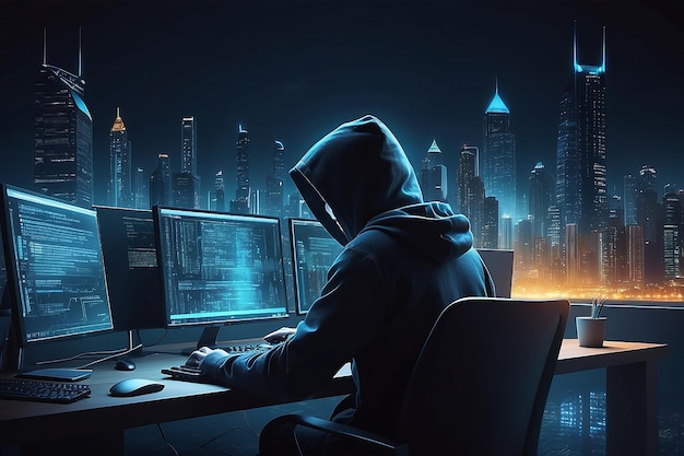 hacker coding at night cybersecurity concept