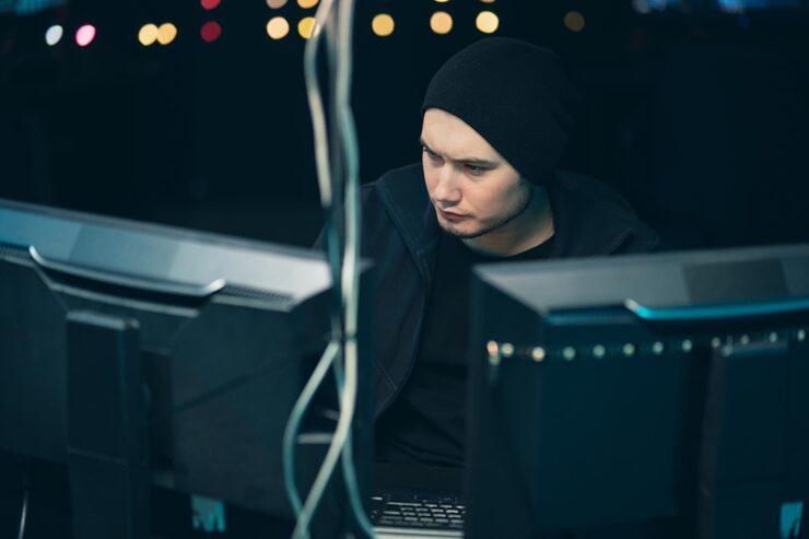 Photo hacker coding virus ransomware using laptops and computers hacker using his computer