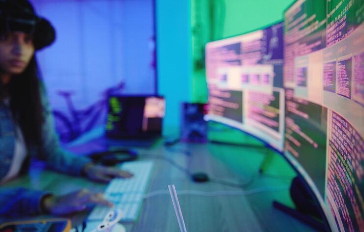 Photo hacker computer screen or neon coding on cybersecurity ransomware seo night phishing or code programming programmer developer or woman on technology for dark web software iot bug or safety scam