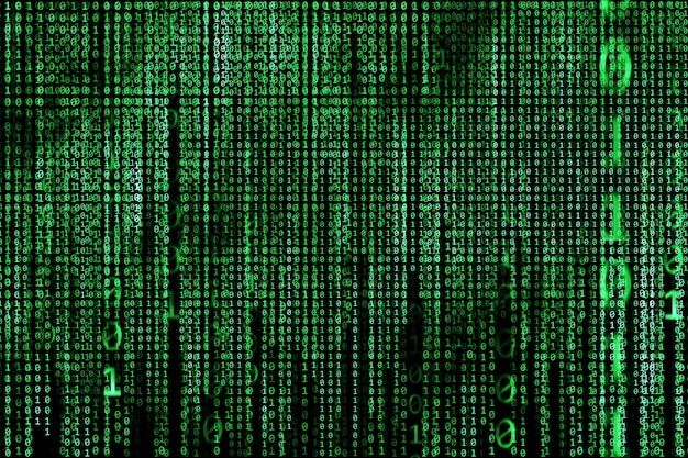 Фото Концепция хакера, двоичные коды компьютера, зеленый текст на черном фоне.