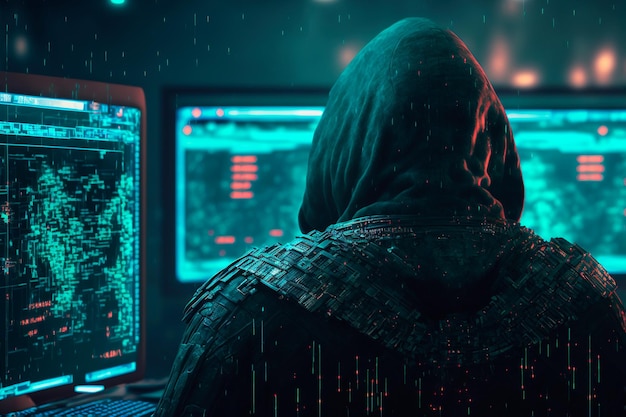해커 개념 해커가 컴퓨터 앞에 앉아 해킹 코드를 반영하고 있습니다.
