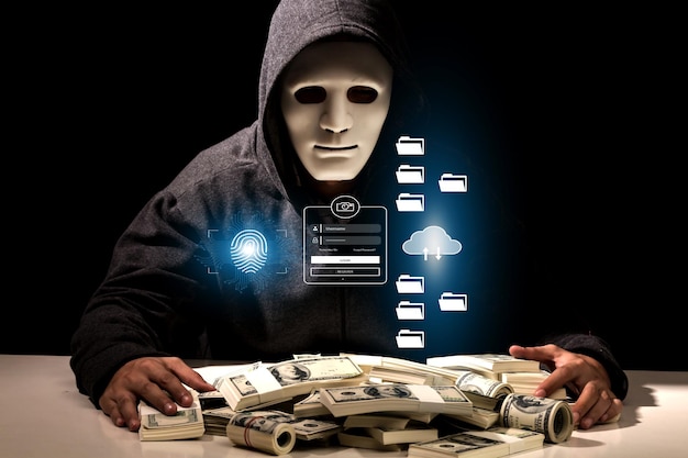 Foto hacker attacco informatico scanner digitale business password cloud documento online tecnologia di database in un cappuccio su sfondo scurosicurezza concetto di protezione internet