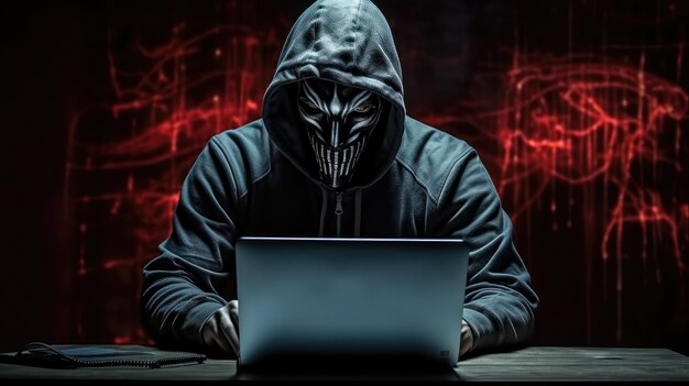 Photo hacker cyber kriminalitat spammer thief taking lurking on computer