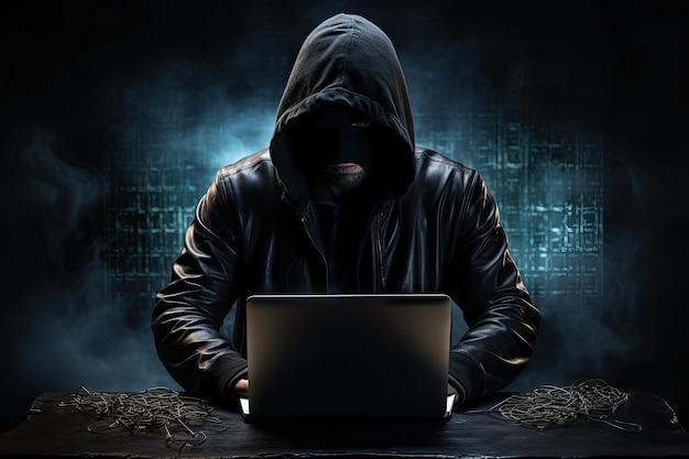 Hacker cybercriminal met laptop en bijbehorende iconen erachter cybercriminal hacker activiteit digitaal