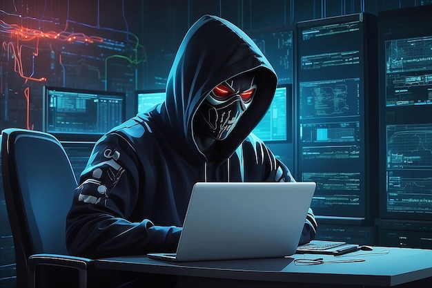 Hacker cybercriminal met laptop en serverruimte erachter Cybercriminal