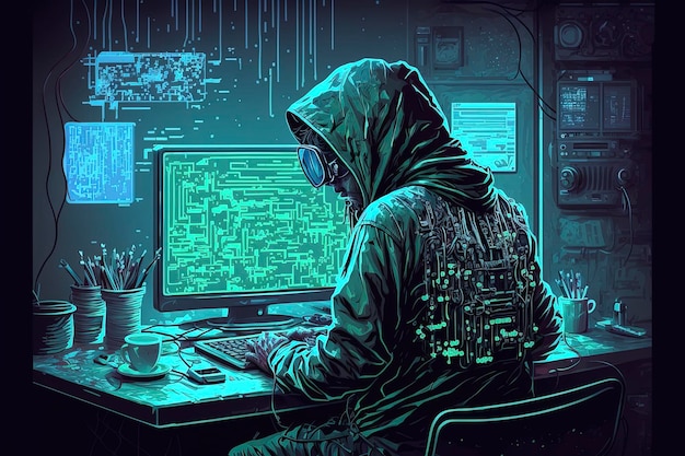 hacker cyberpunk computer room cybercrime code, creative ai