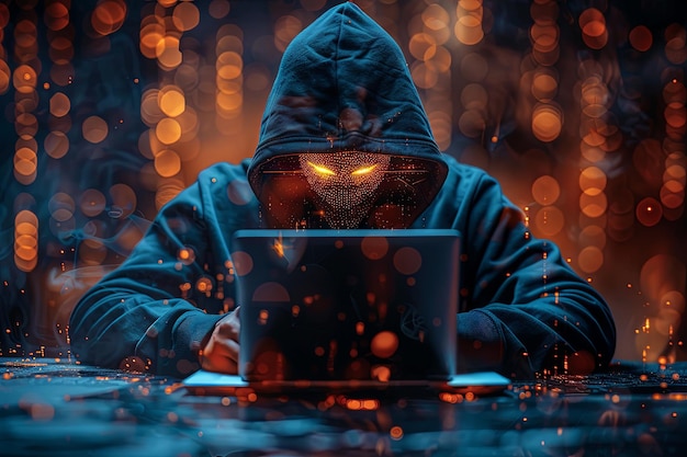 A hacker in a dark blue hoodie sits at a laptop facing the camera with their face hidden in the styl