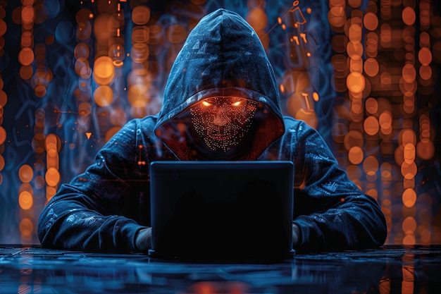 A hacker in a dark blue hoodie sits at a laptop facing the camera with their face hidden in the styl