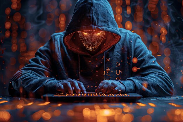 A hacker in a dark blue hoodie sits at a laptop facing the camera with their face hidden in the styl