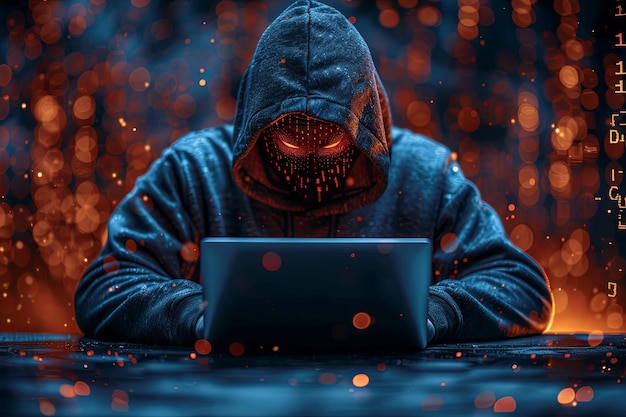 어두운 파란색 후디를 입은 해커가 스타일로 숨겨진 얼굴로 카메라를 향한 노트북에 앉아 있습니다.
