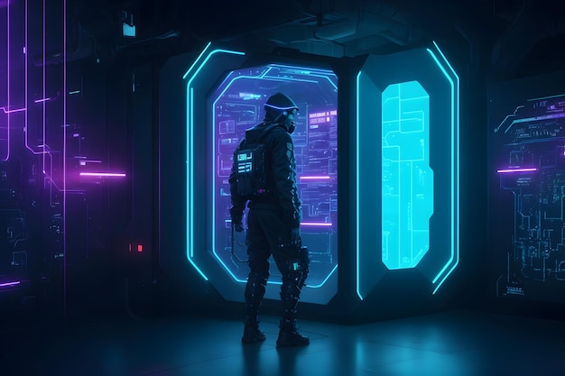 A hacker in a dark futuristic environment a cybersecurity image generated by Ai