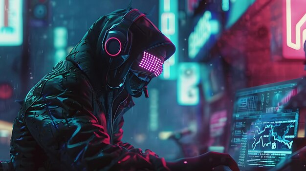 A hacker in a dark hoodie and mask uses a laptop to access a citys power grid