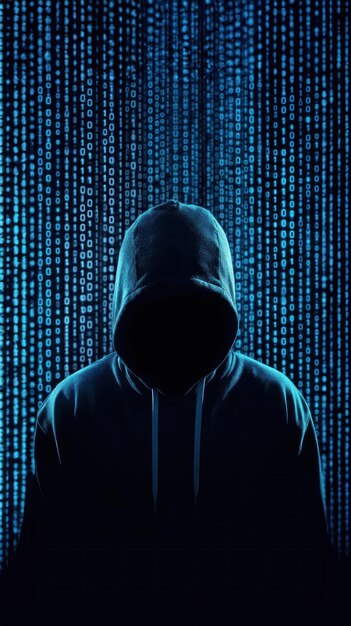 Хакер в темной капюшоне в окружении бинарного кода онлайн-программирование мастер-классы программирования концепции веб-разработки