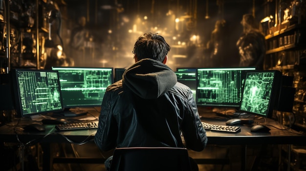 hacker in a dark hoodie typing furiously at a keyboard surrounded by lines of code and glowing