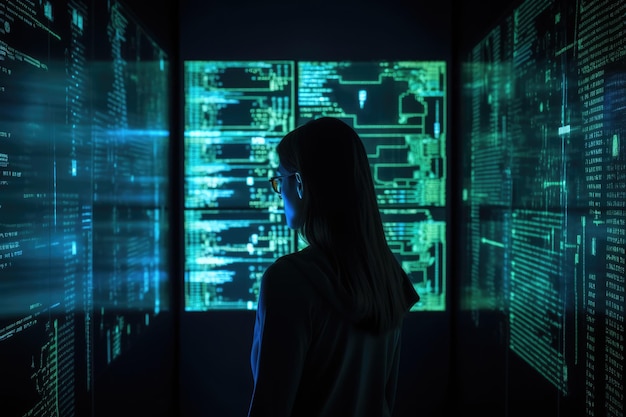 Hacker in a dark room illuminated by screens displaying complex code and digital security measures Generative AI