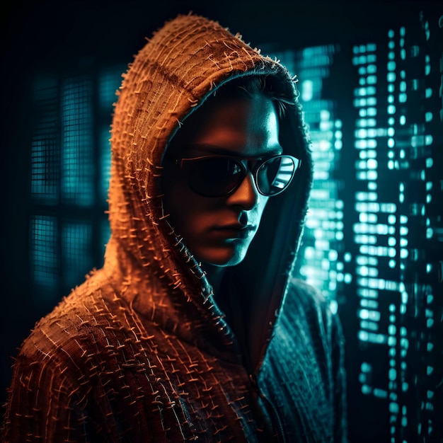 Хакер в темной комнате с бинарным кодом Концепция киберпреступности