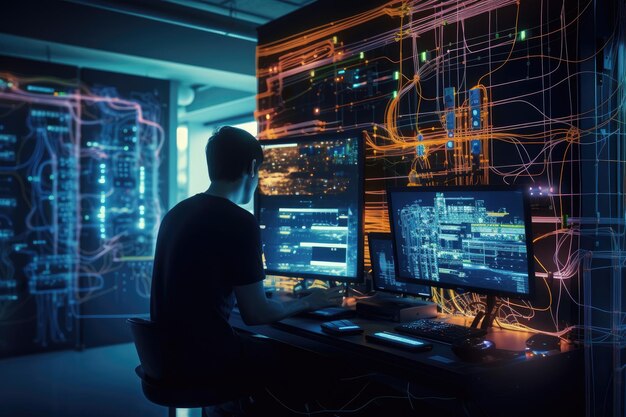ハッカーが暗い部屋でコンピューターとハイテクインターフェースを使っている ソフトウェアエンジニアが現代のデータ通信室でコンピューターを使用している ネットワーク接続ライン AI生成