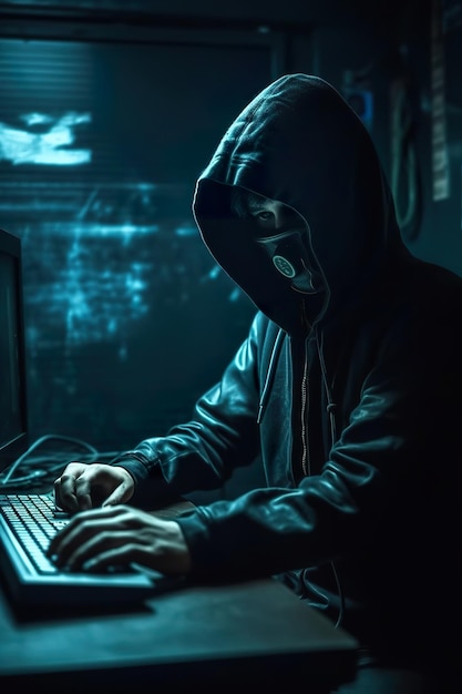 Hacker in a dark room with a mask on his face