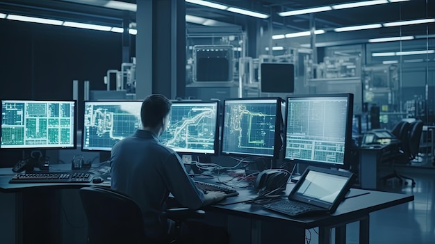 hacker at a desk in a dark room with multiple computer screens one of which is labeled as a code