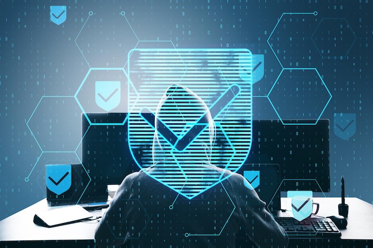 Photo hacker at desktop using laptop with glowing hexagonal shield hologram with binary coding on blurry background safety hacking malware and internet concept double exposure