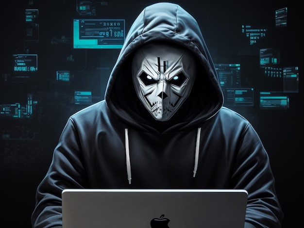 Hacker en malware concept Gevaarlijke Hooded hacker man met behulp van laptop met binaire code digitale interface