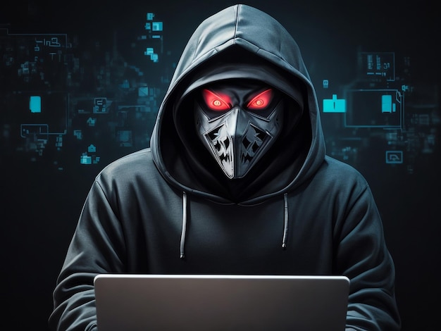 Hacker en malware concept Gevaarlijke Hooded hacker man met behulp van laptop met binaire code digitale interface