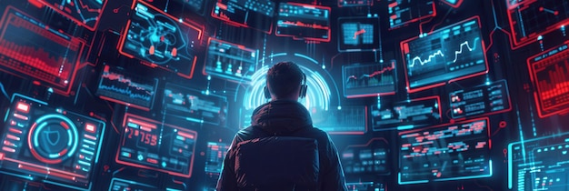 a hacker engages with advanced data displays immersed in a digital workspace filled with graphs metrics and security visuals generative ai