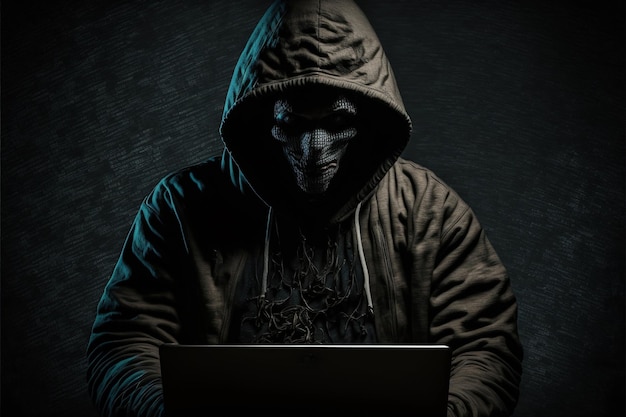 Hacker in front computer with laptop stealing information Hacking the Internet Dark face Made by AIArtificial intelligence