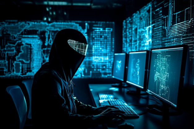 Hacker in front of computers