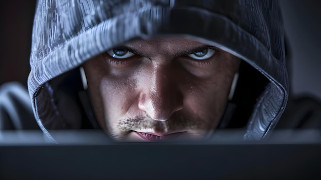 अपने कंप्यूटर के सामने हैकर डिजिटल साइबर अपराध कर रहा है हैकर कंप्यूटर कीबोर्ड का उपयोग कर रहा है हैकिंग सिस्टम