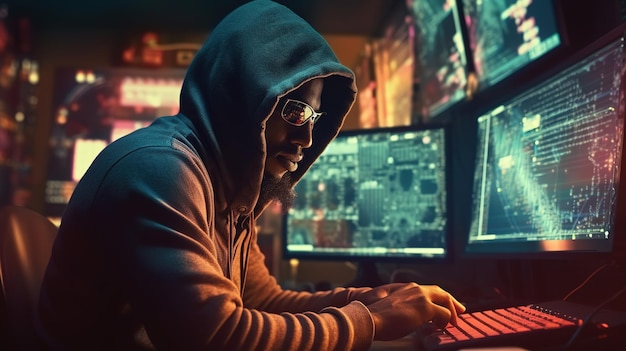 хакер перед своим компьютером совершает цифровое киберпреступление