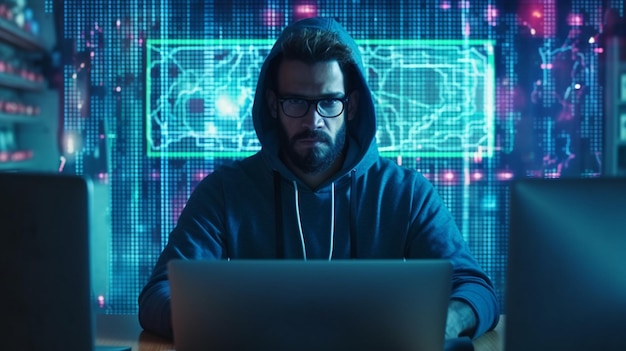 Hacker in front of his computer committing digital Generative Ai