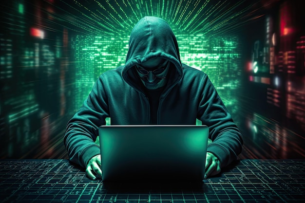 hacker in front of a laptop with binary code on the background hacker without a face is trying to steal cryptocurrency using a computer ai generated