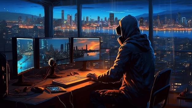 Hacker in front of the PC in the apocalyptic future