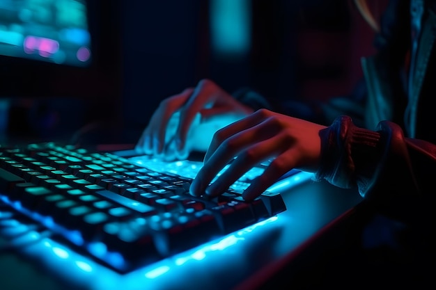 Hacker gebruikt toetsenbord schudt knoppen met vingers om wachtwoord te kraken Internet beveiligingsconcept cyberaanval Neon blauwe kleur Neuraal netwerk AI gegenereerd