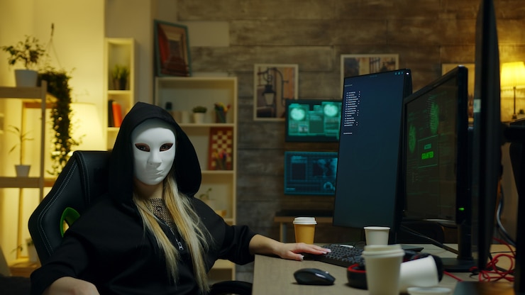 Photo hacker girl wearing a white mask while doing cyber crimes using a super computer.