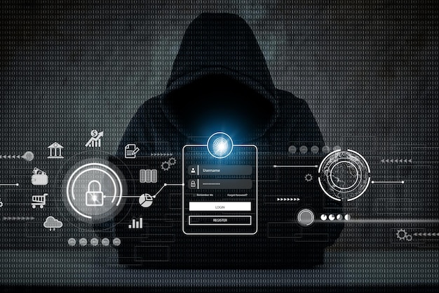 Hacker hacker hacks network hacker on a dark background Dangerous Hooded Hacker Breaks into Government Data Servers