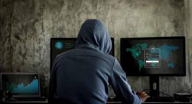 Hacker, hacker hacks network, hacker on a dark background. Dangerous Hooded Hacker Breaks into Government Data Servers