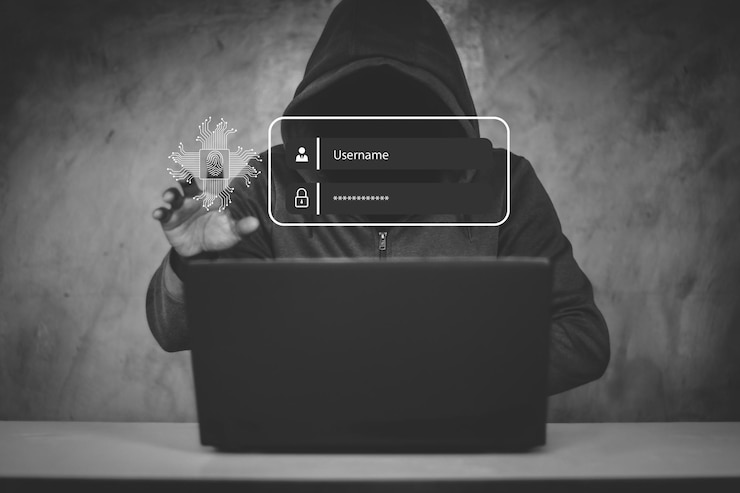 Photo hacker, hacker hacks network, hacker on a dark background. dangerous hooded hacker breaks into government data servers