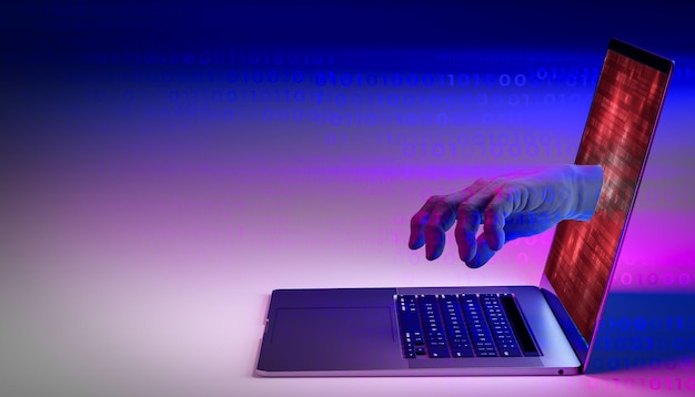 Hacker hand reach through laptop screen for stealing data Cyber attack virus malware illegally and cyber security colorful bright neon UV blue and purple lights copy space 3d illustration
