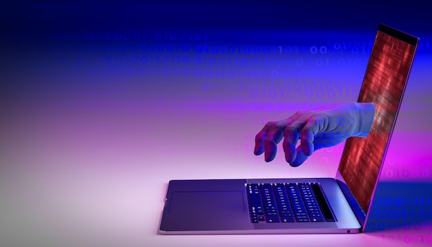 Raggiungimento della mano dell'hacker attraverso lo schermo del laptop per il furto di dati cyber attack virus malware illegalmente e sicurezza informatica colorato neon luminoso uv luci blu e viola copia spazio illustrazione 3d