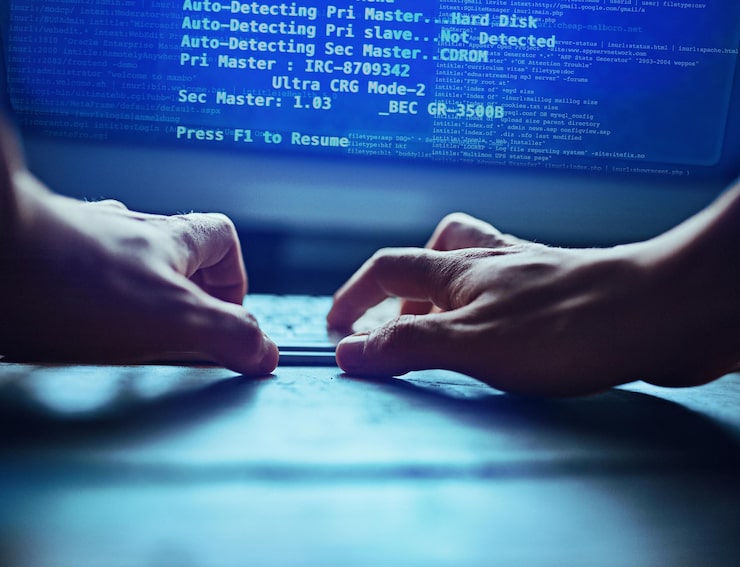 Photo hacker hands and cyber security password and website access digital online cybercrime and data protection programming virus for internet web technology or coding with network system for phishing