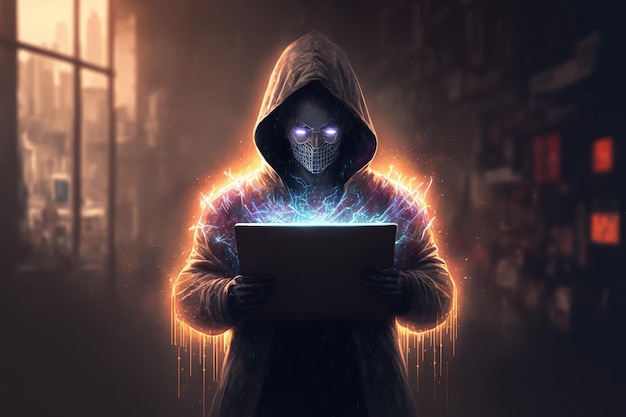 Hacker holding laptop and breaking news