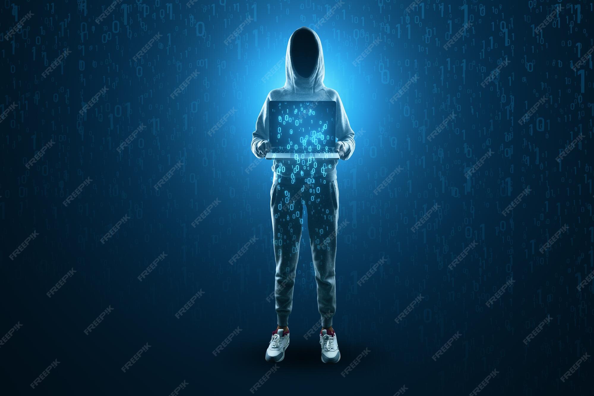 Premium Photo | Hacker holding laptop with abstract glowing binary code ...