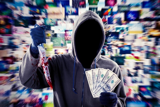 Фото Хакер держит окровавленный нож и деньги в киберпространстве