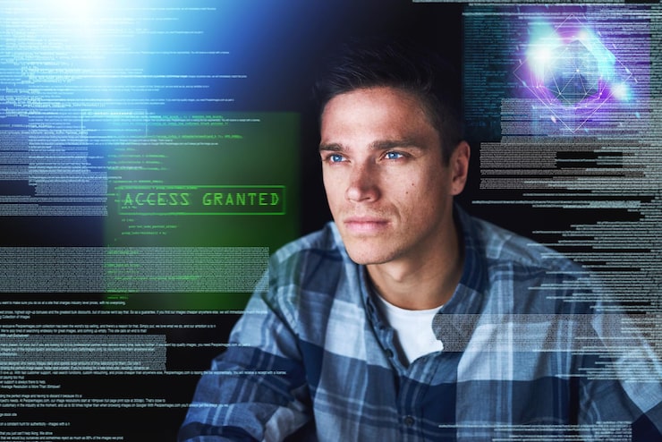 Photo hacker hologram and man with focus database and digital software with cyber security coding and research male person programmer or coder with data analysis holographic and connection for server