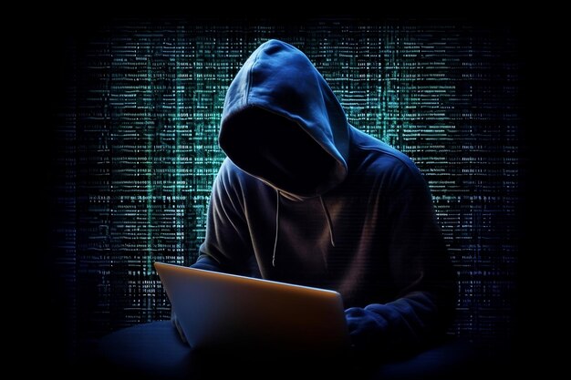 Hacker in the hood holds laptop in his hands on a dark background Internet crime concept Generativ