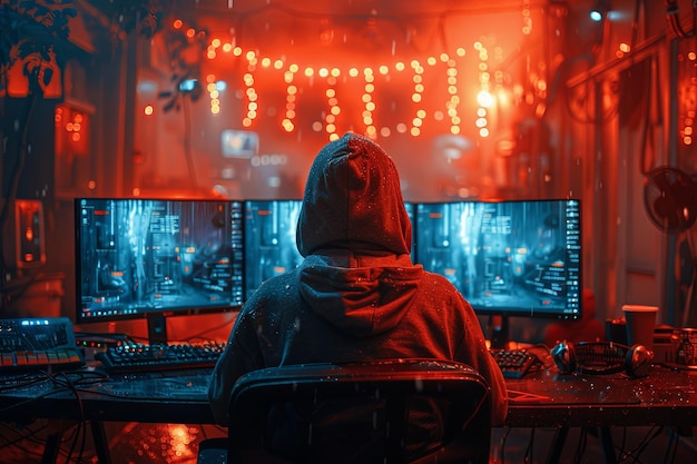 A hacker in the hood is sitting at his desk and looks into three monitors on which he sees system in