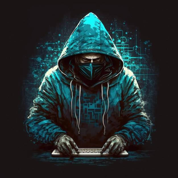 Hacker in hood using internet to hack computer server Blue glow light Ai generated