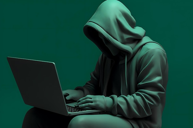 hacker in hood wearing computer use laptop device